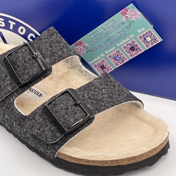 BIRKENSTOCK ARIZONA RIVET DOUBLE WOOL SANDALS GRAY NARROW FIT - Picture 2 of 9